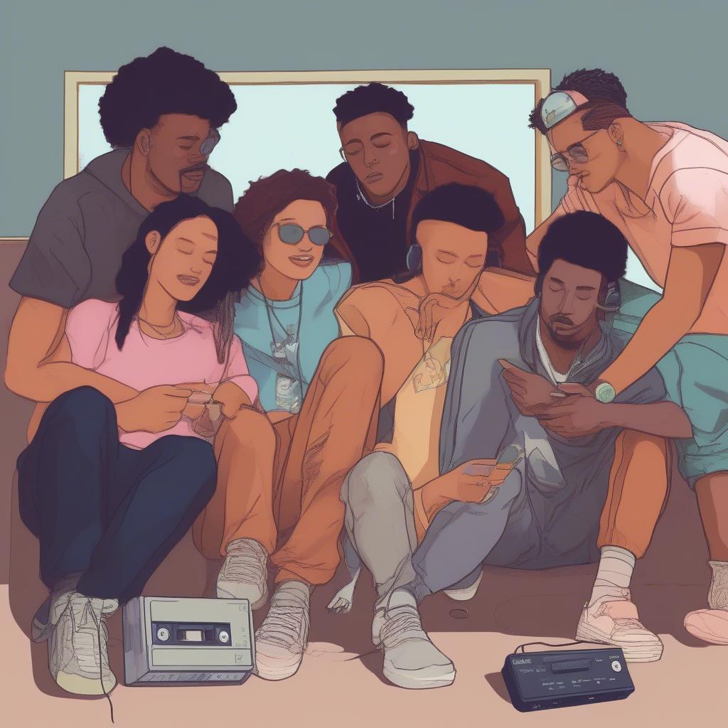 A group of friends listening to music on a cassette player.