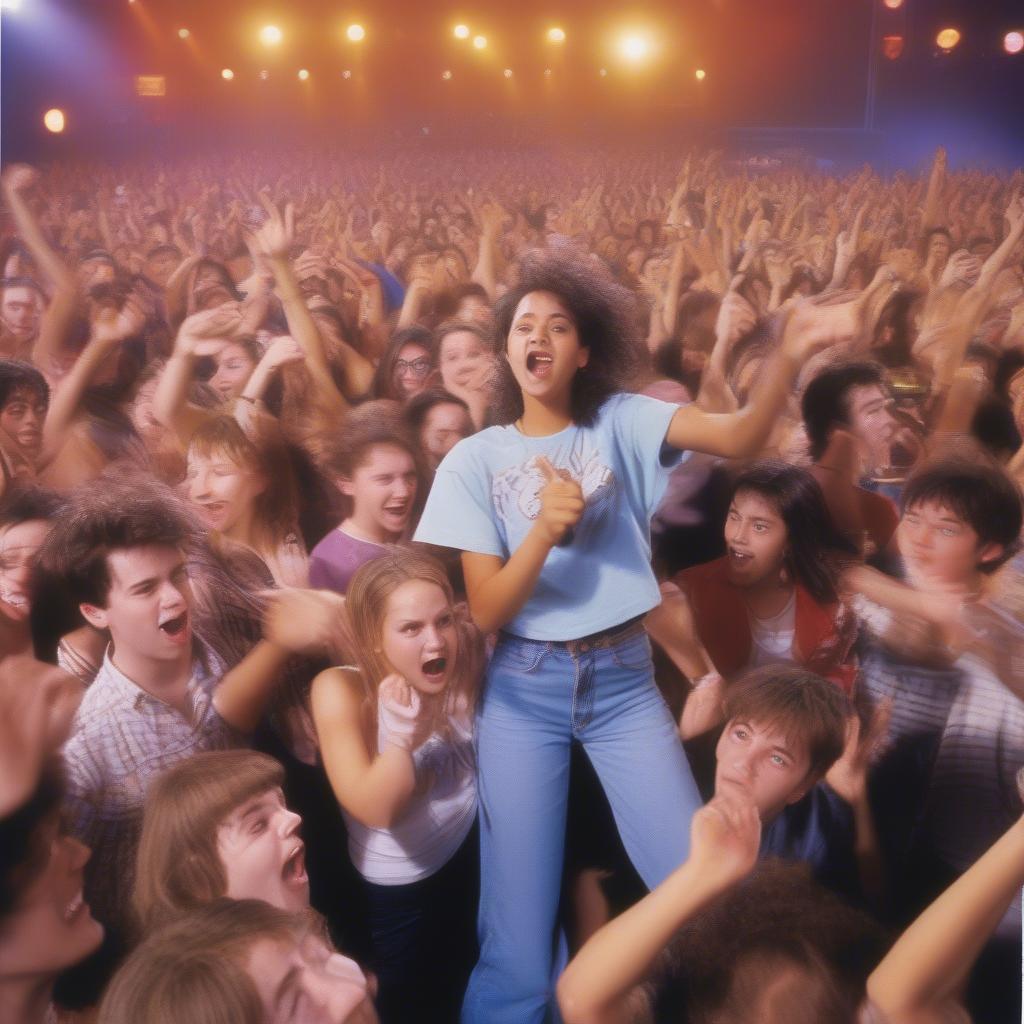 A crowd of teenagers at a concert, holding up signs and cheering enthusiastically for a pop group on stage in the late 90s.