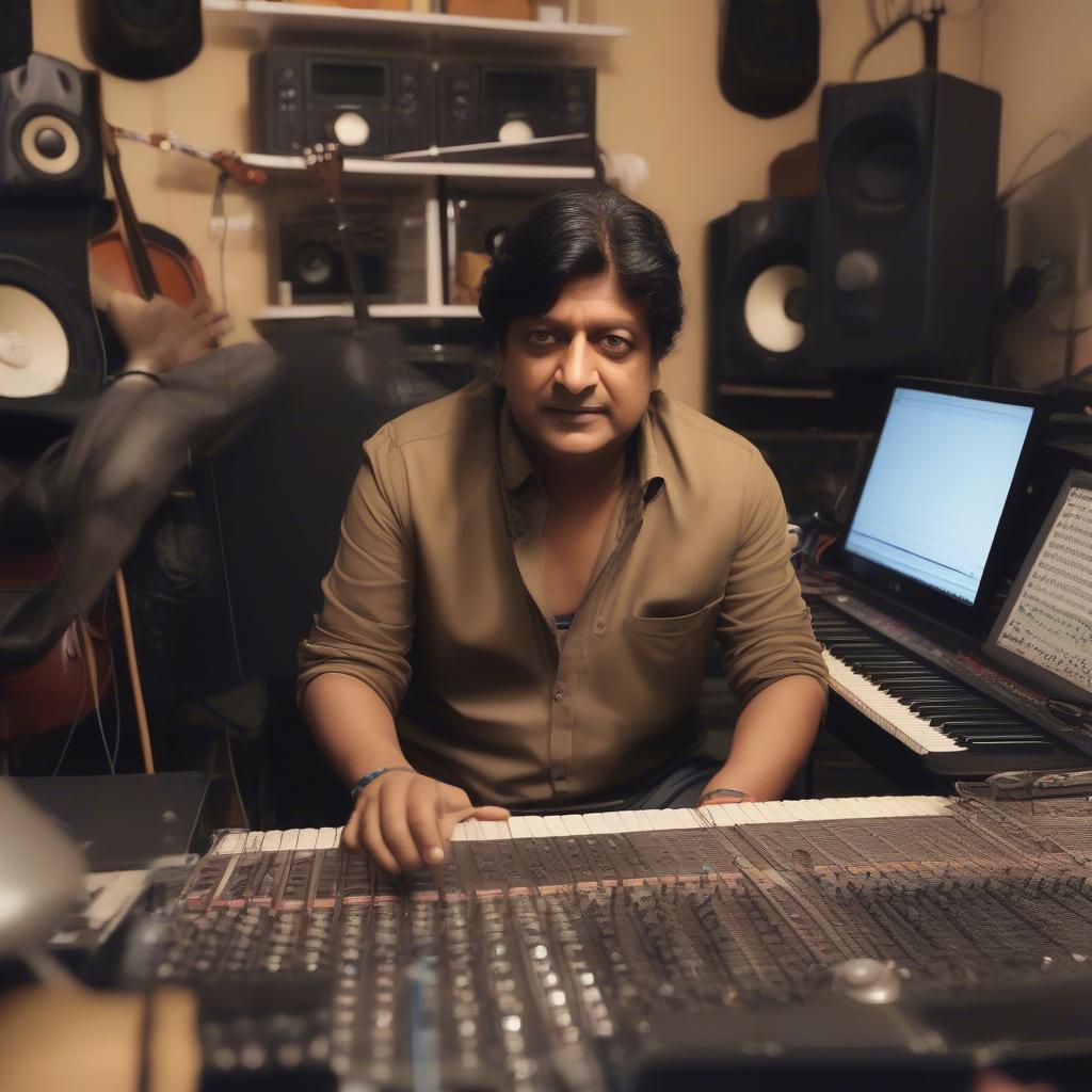 Aadesh Shrivastava immersed in the creative process, working on a musical composition in his studio, surrounded by instruments and recording equipment.