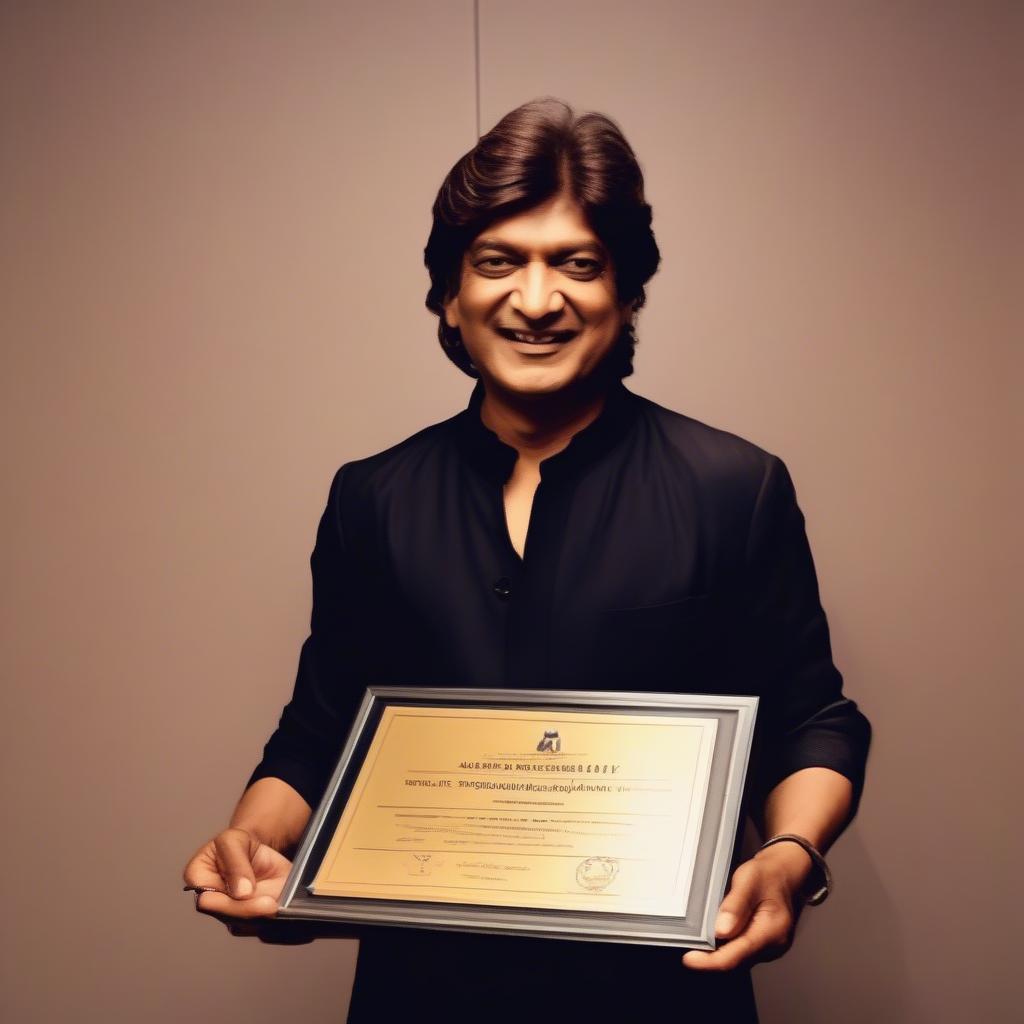 Aadesh Shrivastava receiving a prestigious music award on stage, acknowledging his contribution to the music industry.