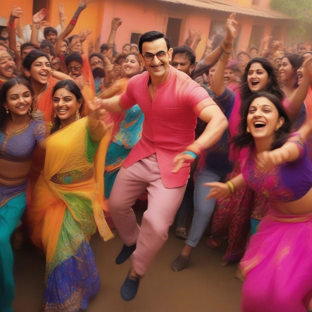 Aamir Khan dancing energetically with a group of people in a vibrant, colorful setting.