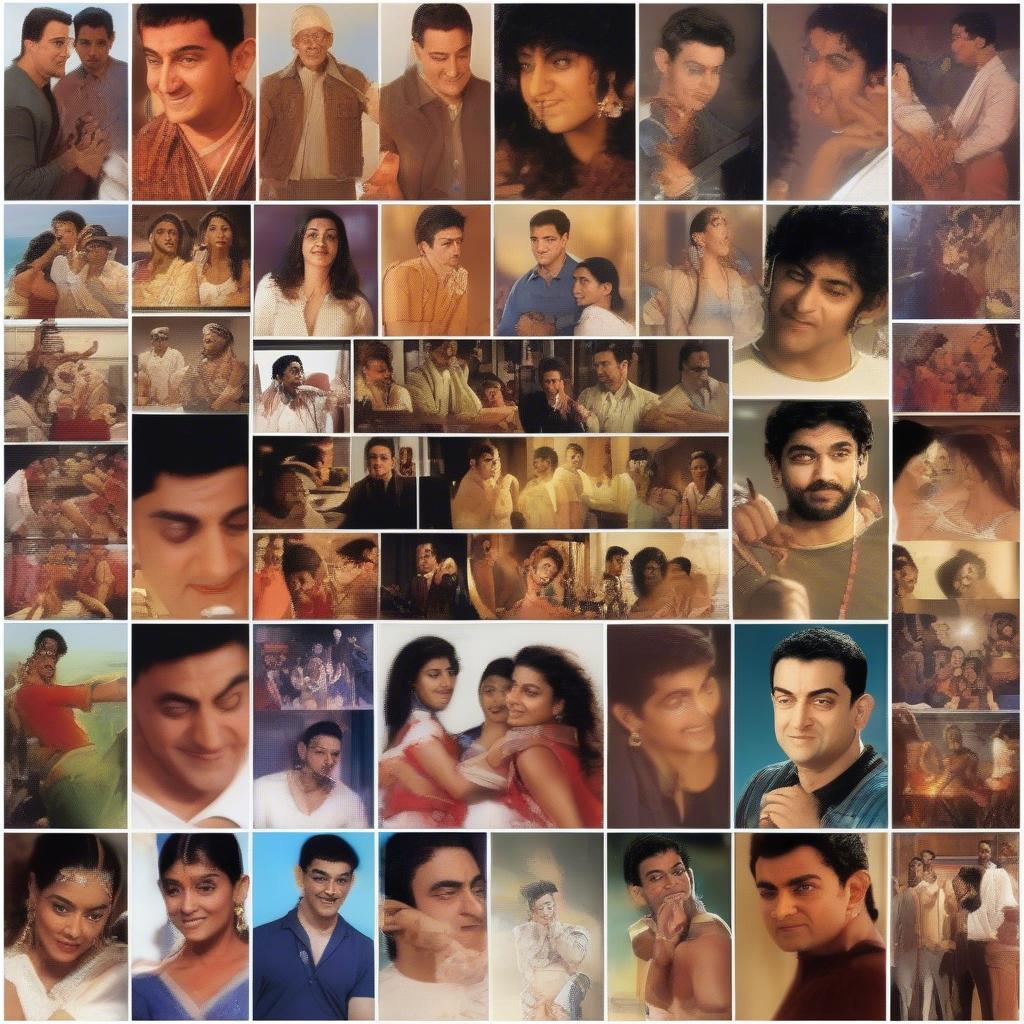 A montage of different scenes from Aamir Khan's movies, highlighting various musical moments.