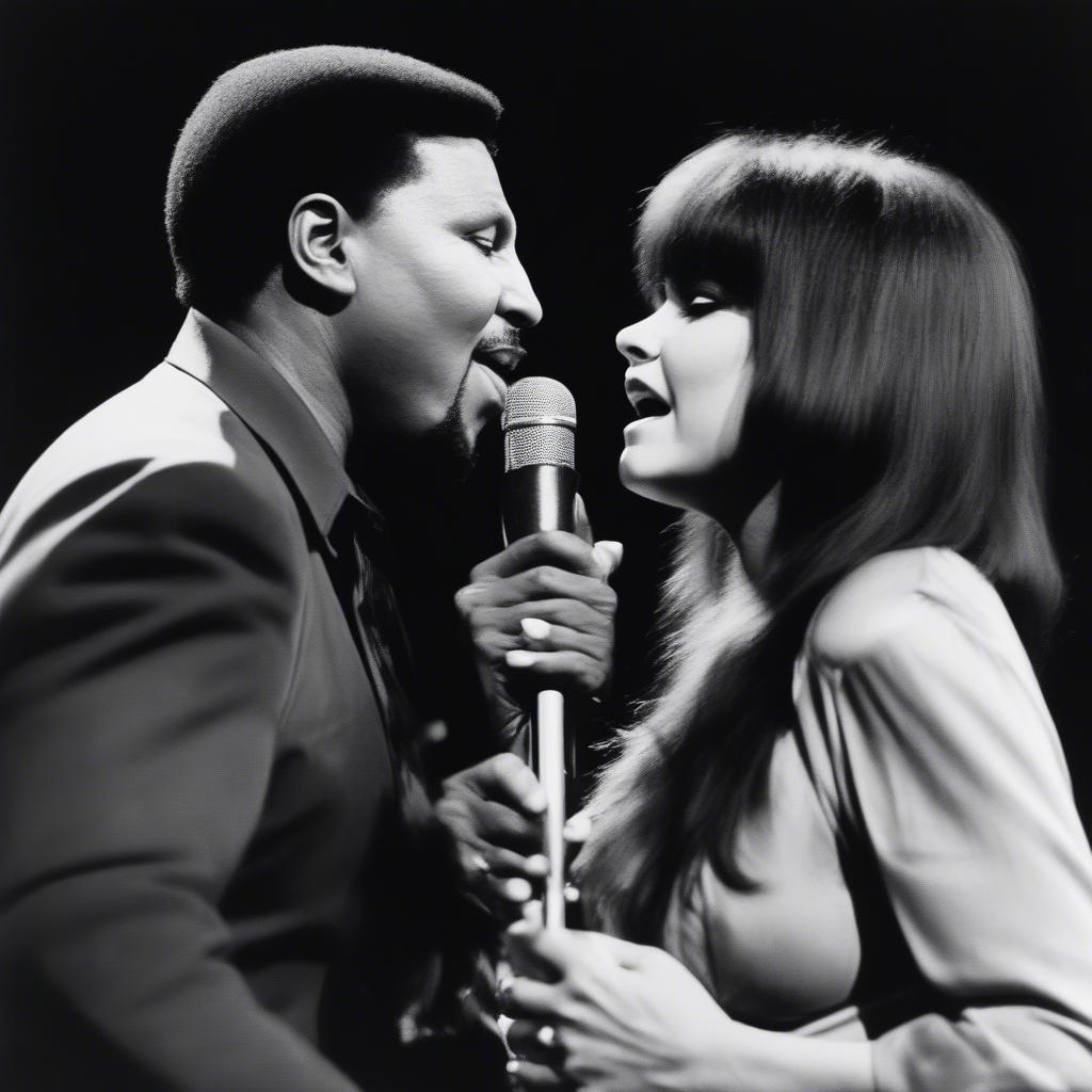 Aaron Neville and Linda Ronstadt performing "Don't Know Much" together on stage.