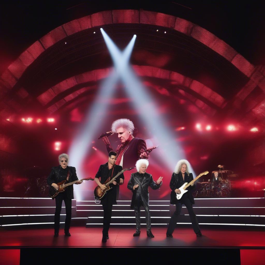 Adam Lambert performing with Queen on a large stage, showcasing their dynamic collaboration and powerful stage presence.