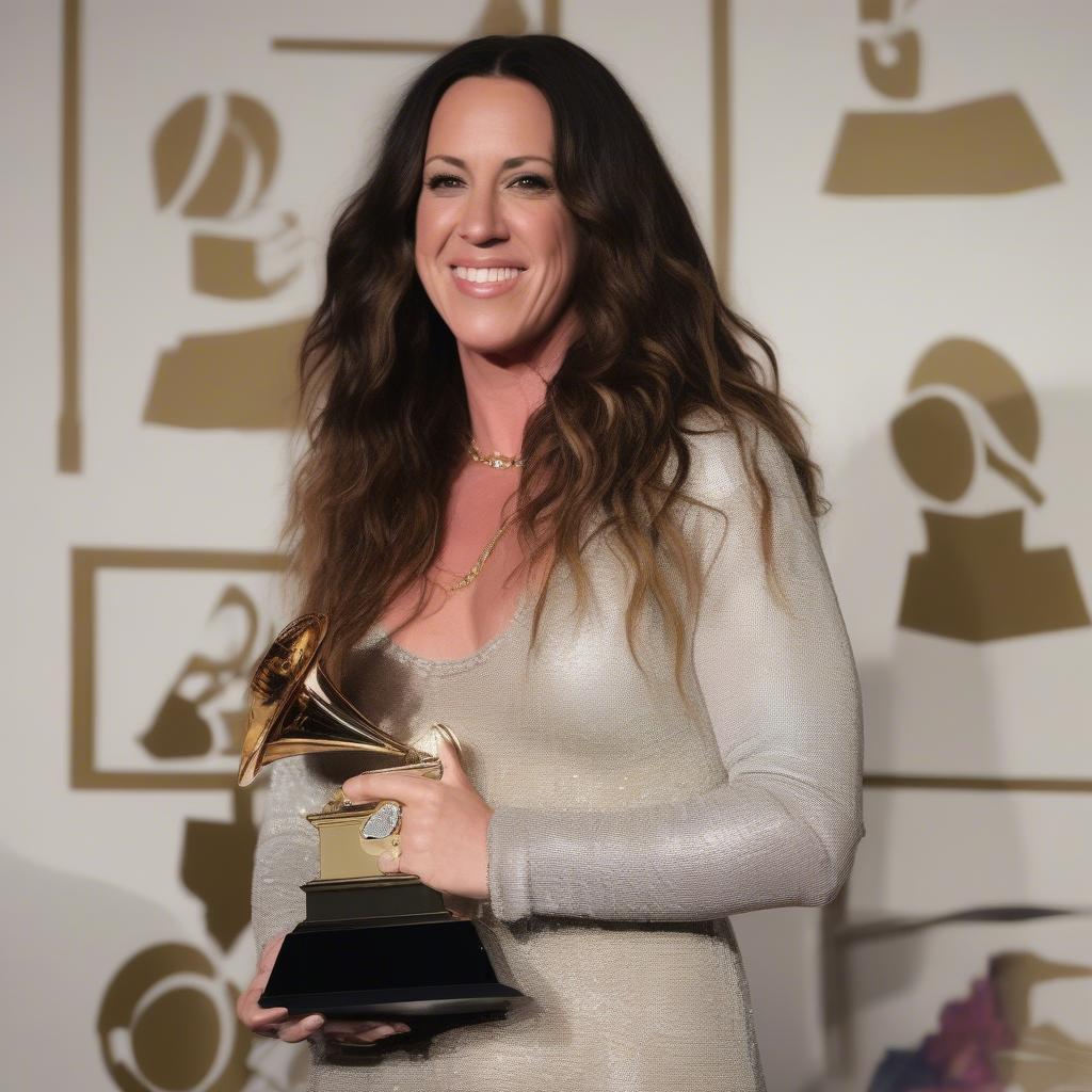 Alanis Morissette receiving a Grammy Award