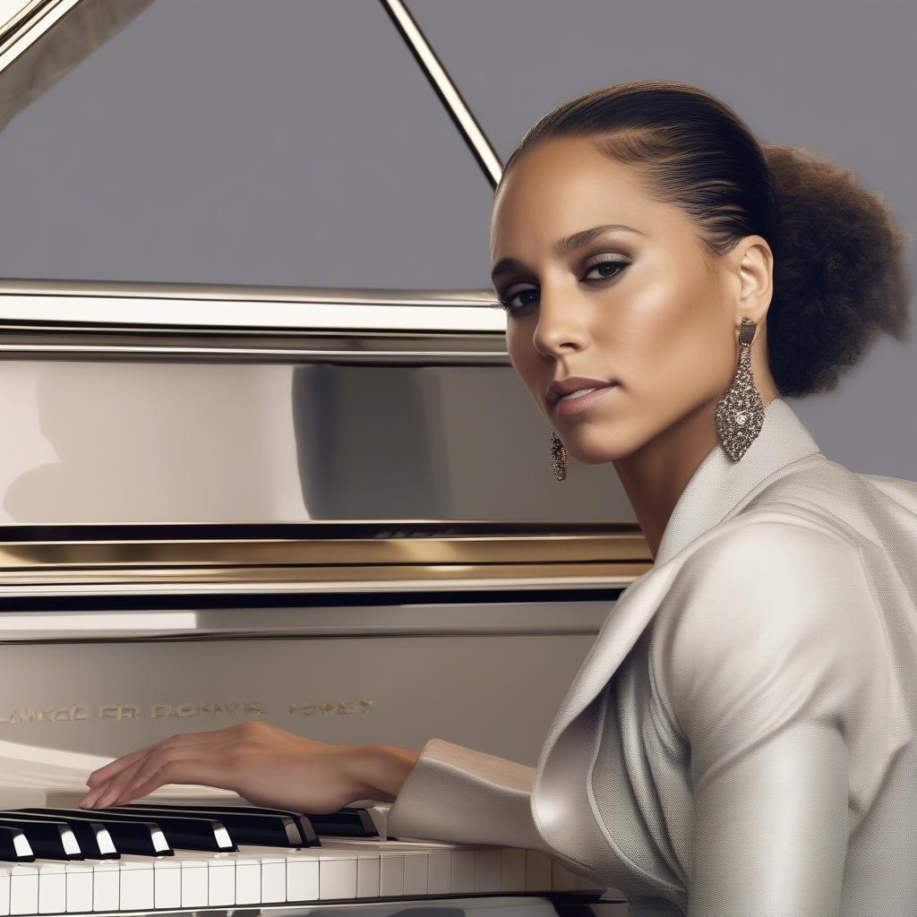 Alicia Keys playing the piano with intense focus and emotion, demonstrating her musical talent