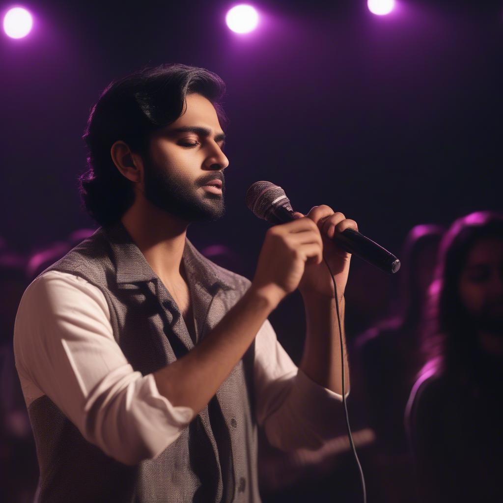 Amar Arshi Live Performance - A captivating image of Amar Arshi performing live on stage, showcasing his passionate delivery and connection with the audience while singing one of his top 30 sad songs.