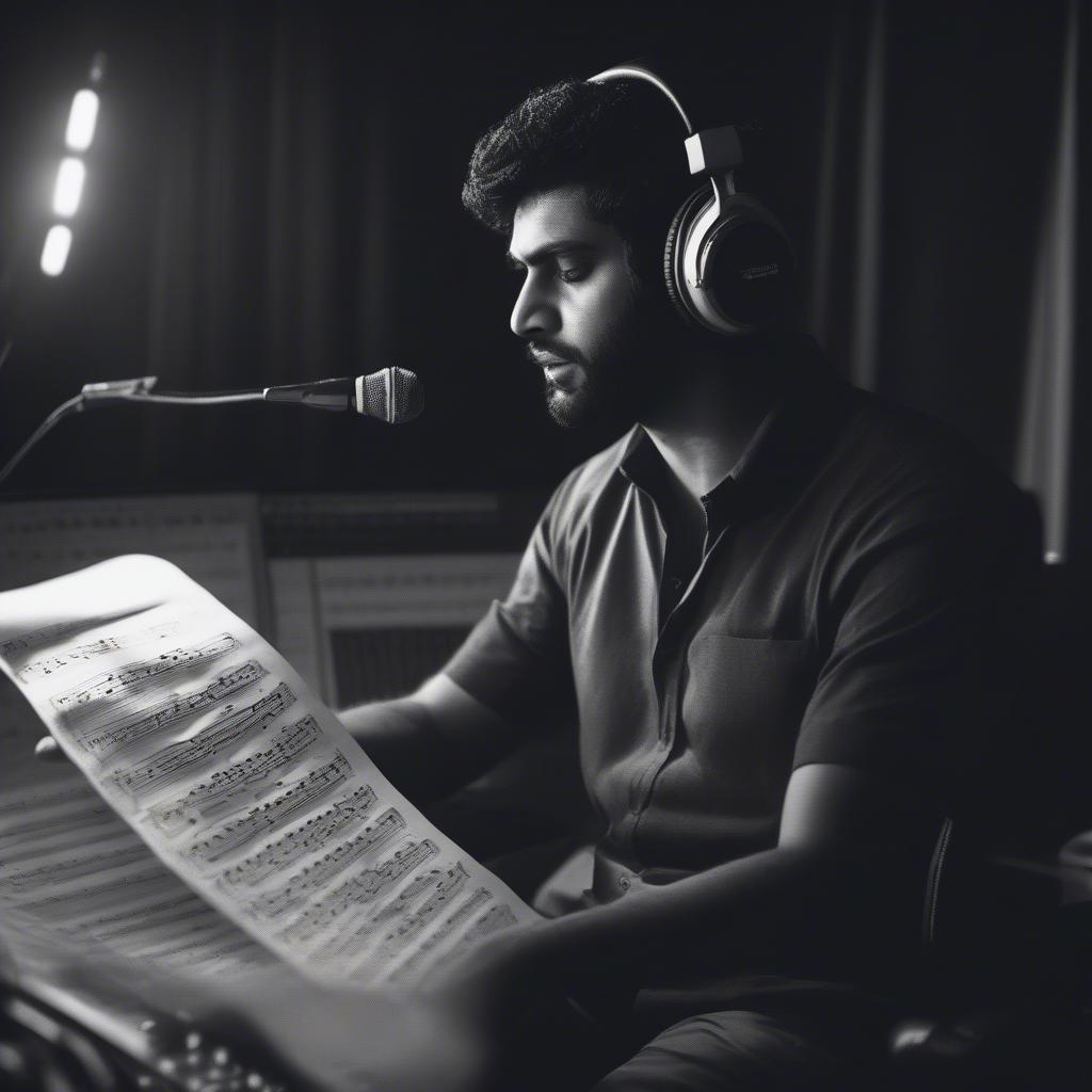 Amar Arshi Studio Recording -  A behind-the-scenes image of Amar Arshi in a recording studio, working on one of his emotionally charged sad songs. The image captures the creative process and dedication behind his music.