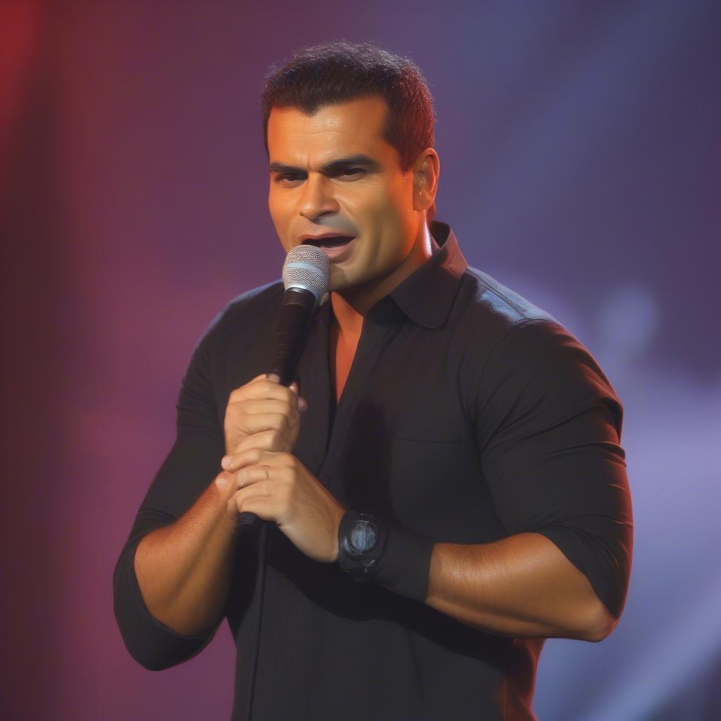 Amr Diab singing Tamaly Maak, a song known for its romantic lyrics and melody.