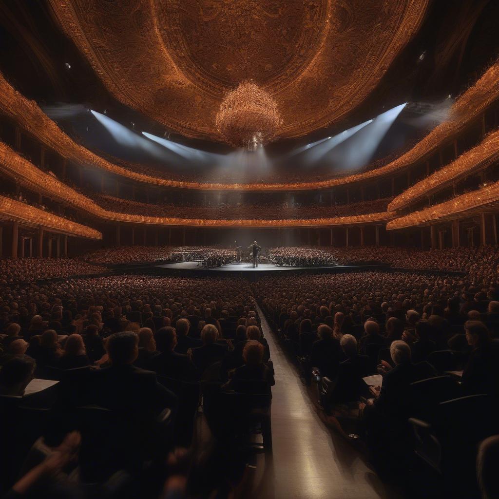 Andrea Bocelli performing with a full orchestra