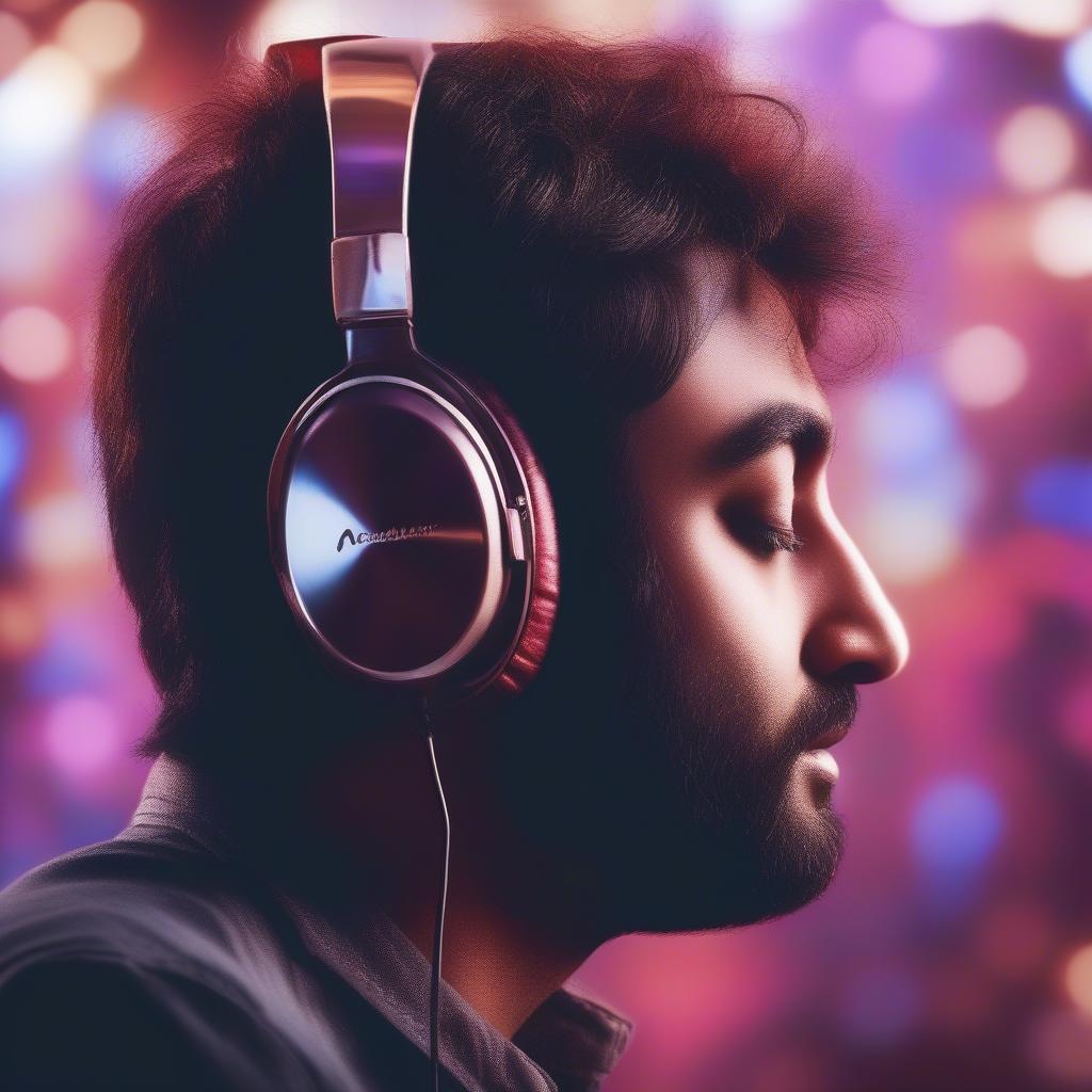 Close-up of high-quality headphones with Arijit Singh’s album cover art reflected in the earcups. 