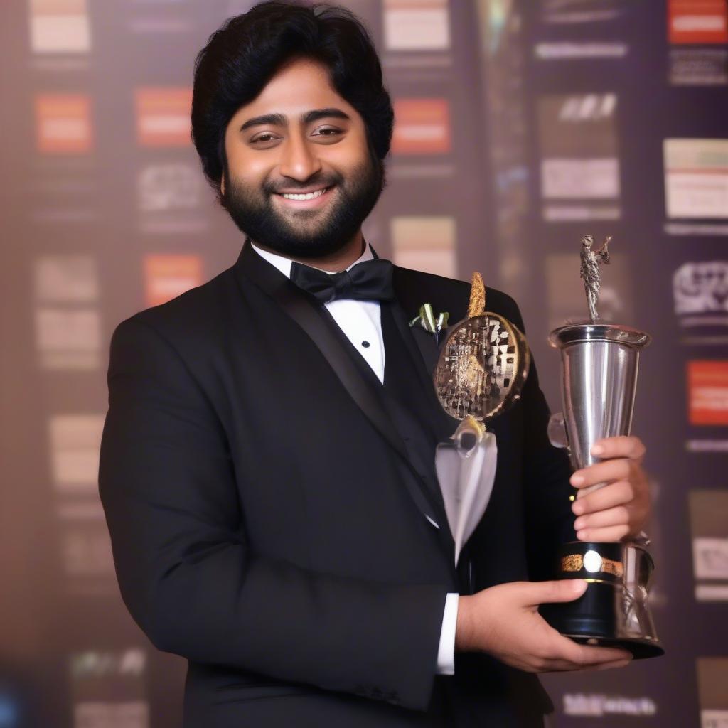 Arijit Singh receiving a prestigious music award on stage, acknowledging his contribution to the music industry.