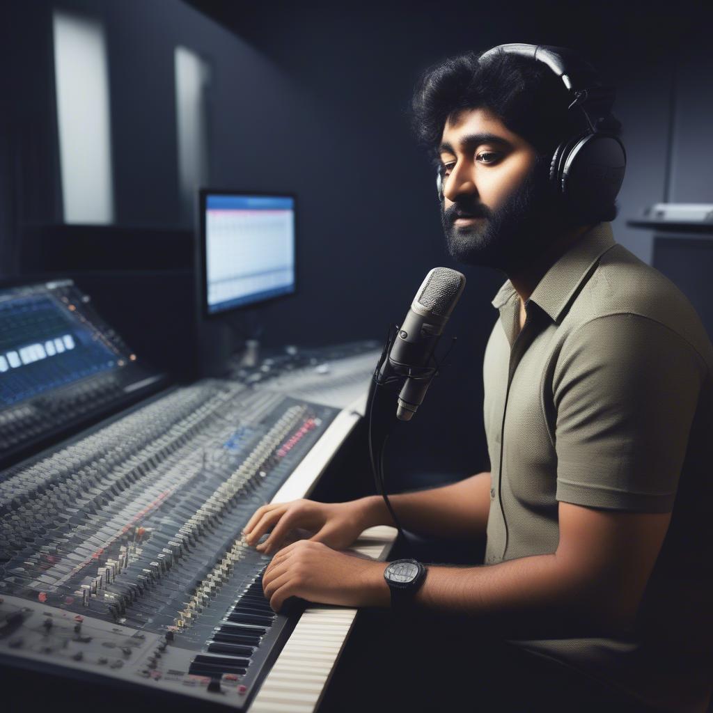 Arijit Singh in a recording studio, engrossed in his craft