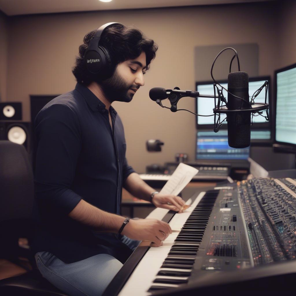 Arijit Singh in a recording studio, working on new music with a team of producers and sound engineers.