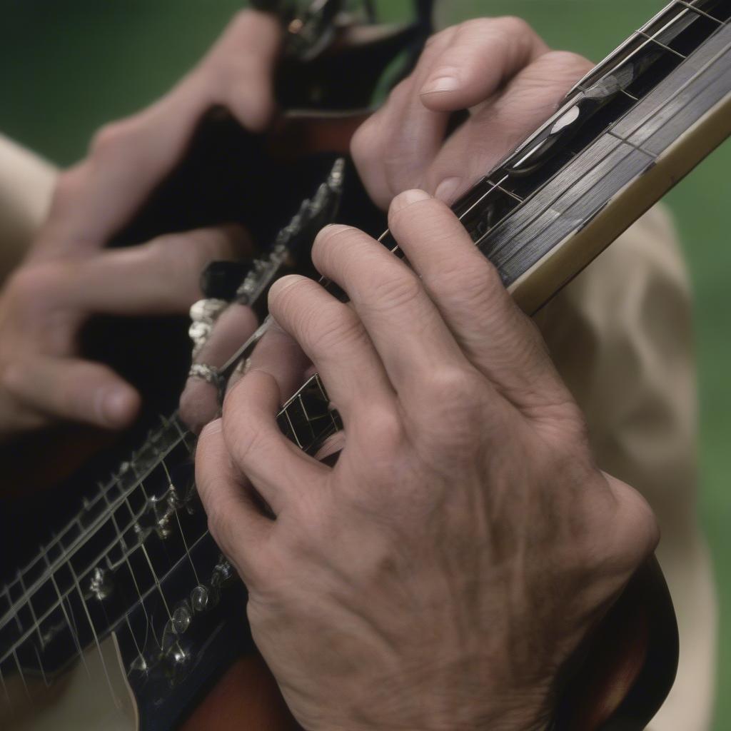 Arlo Guthrie playing guitar, a close-up shot