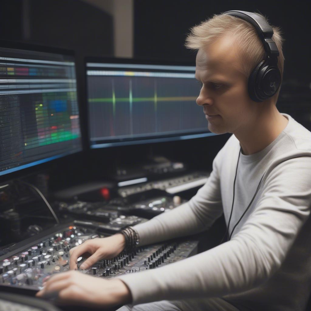 Armin van Buuren working in his studio, surrounded by synthesizers, mixers, and other music production equipment, focused on creating new music.