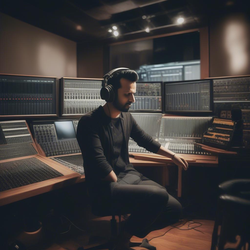 Atif Aslam in a recording studio, working on new music with headphones on, surrounded by sound equipment.