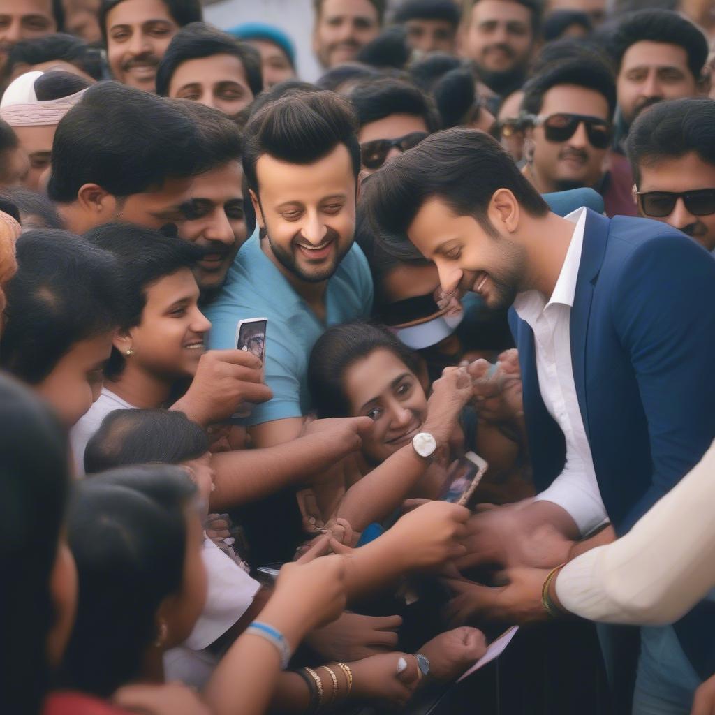 Atif Aslam meeting and interacting with fans, signing autographs and taking pictures, showcasing his warm personality and appreciation for his supporters.