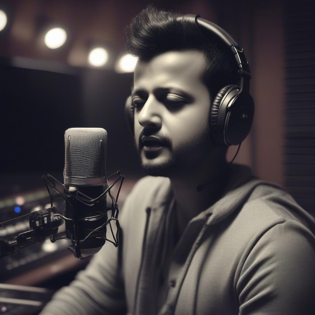 Atif Aslam in a recording studio, wearing headphones and singing into a microphone, focused on delivering a perfect vocal performance.