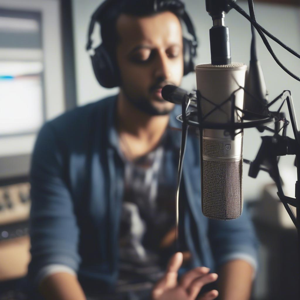 Atif Aslam recording in a music studio