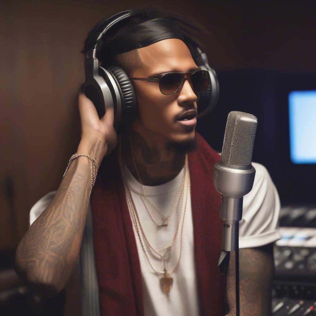 August Alsina in a recording studio, wearing headphones and singing into a microphone.