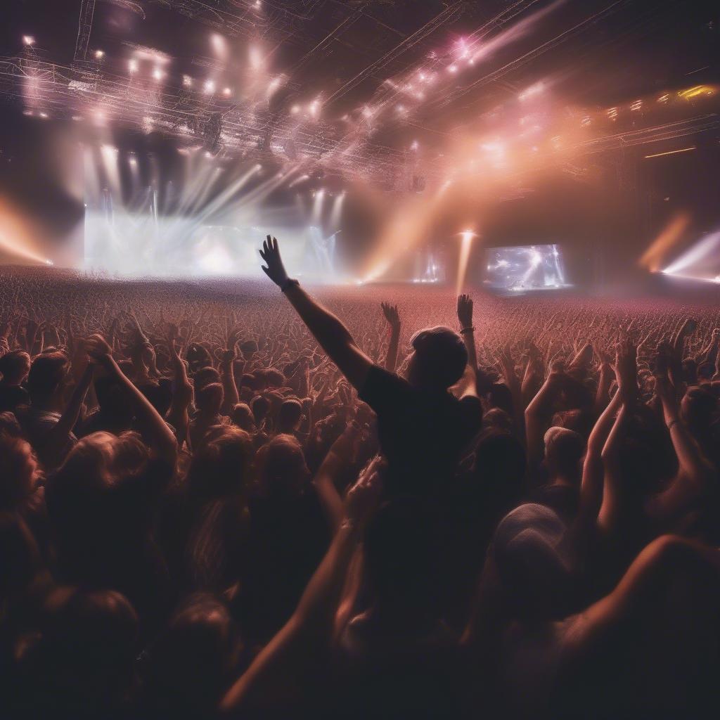 Close-up of a crowd of people with their hands raised at an Avicii concert, showcasing the emotional impact of his music.