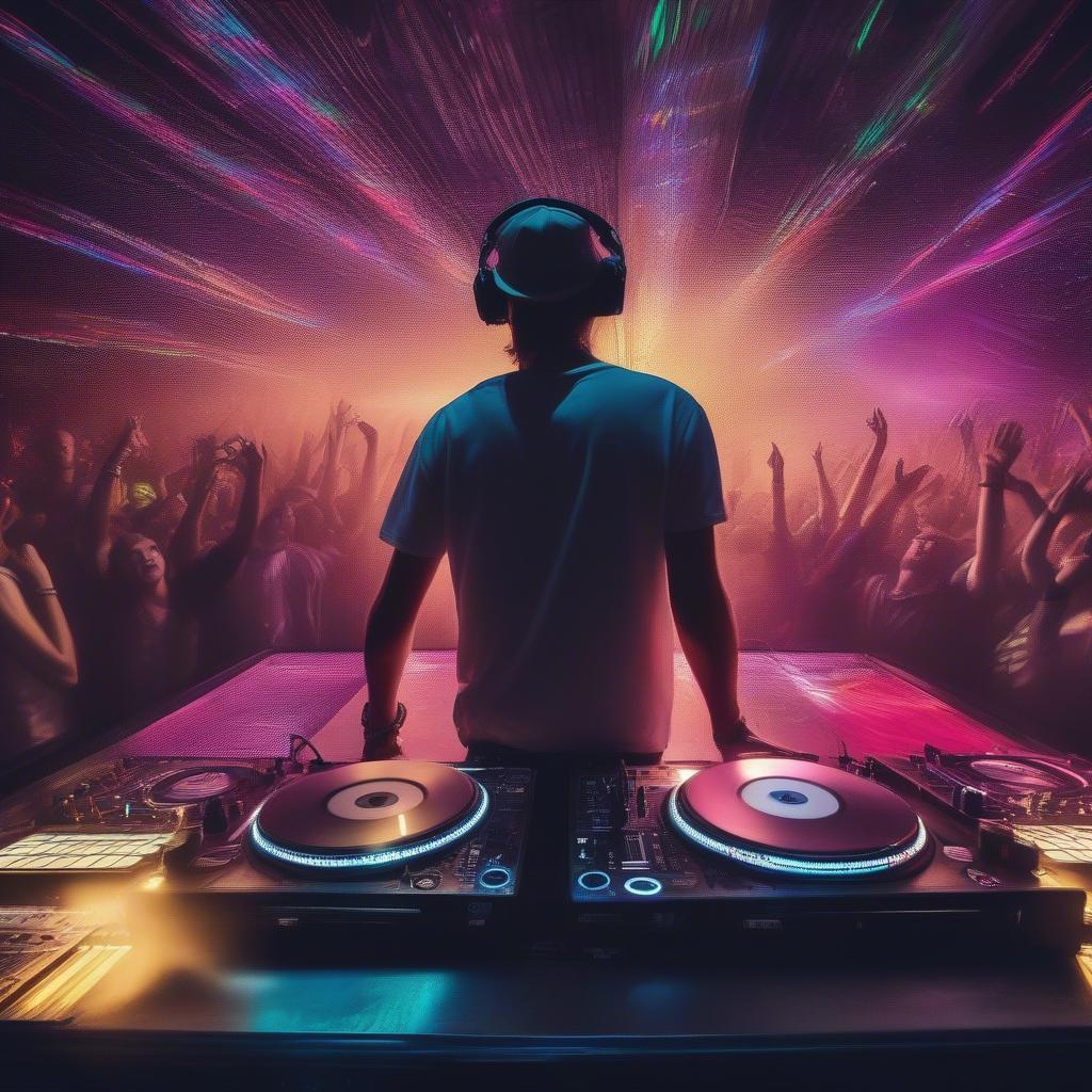 A DJ playing music in a club with lights and people dancing, illustrating the lasting influence of Avicii's music.