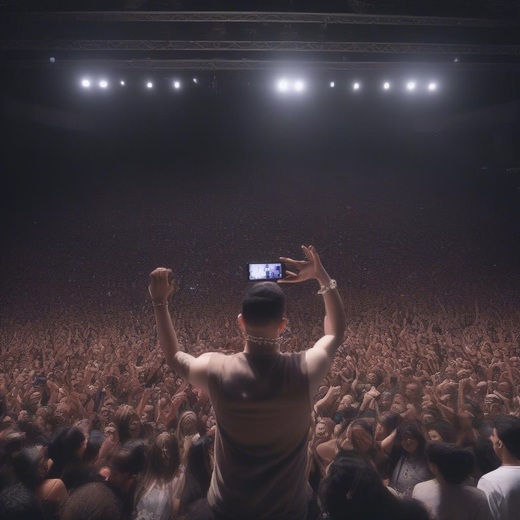 A large crowd of fans at a Bad Bunny concert, holding up lights and singing along, demonstrating his widespread popularity and connection with his fanbase.