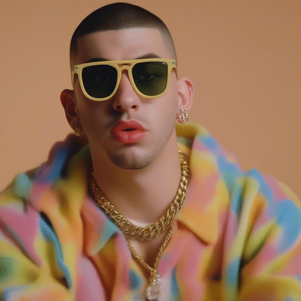 A still from a Bad Bunny music video showcasing his unique style and visual storytelling