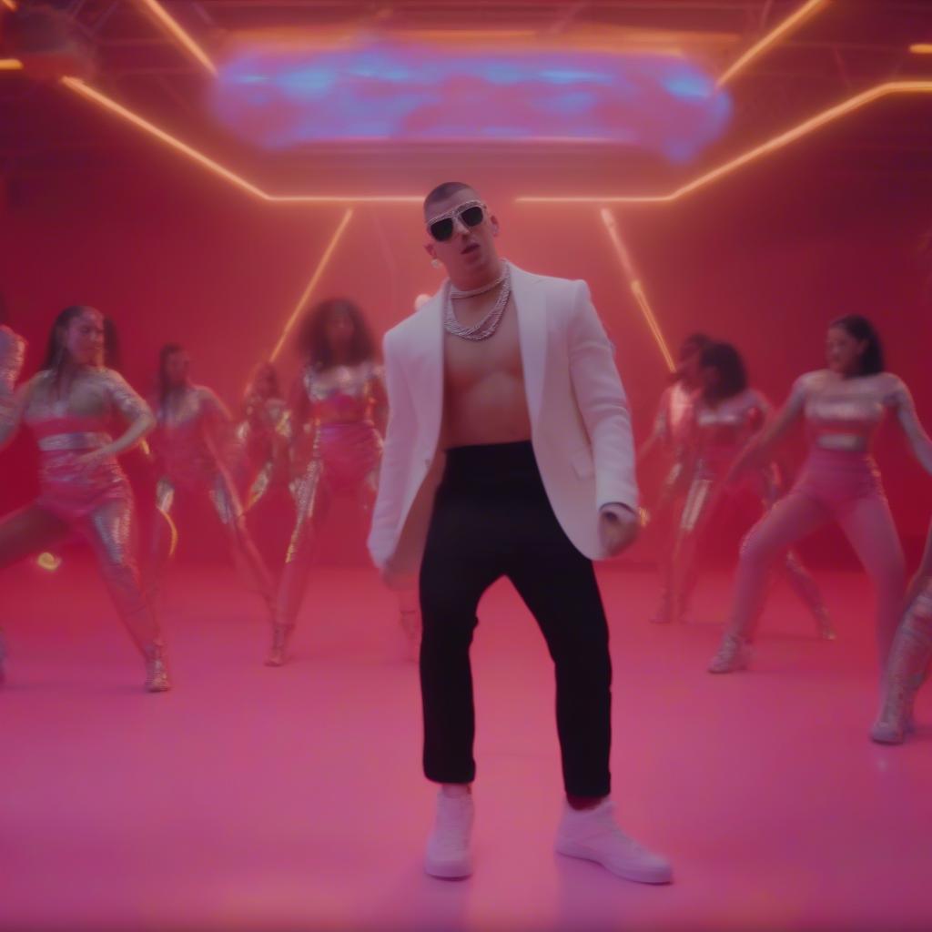 Bad Bunny in a music video, surrounded by dancers and visual effects, showcasing his unique style and storytelling.