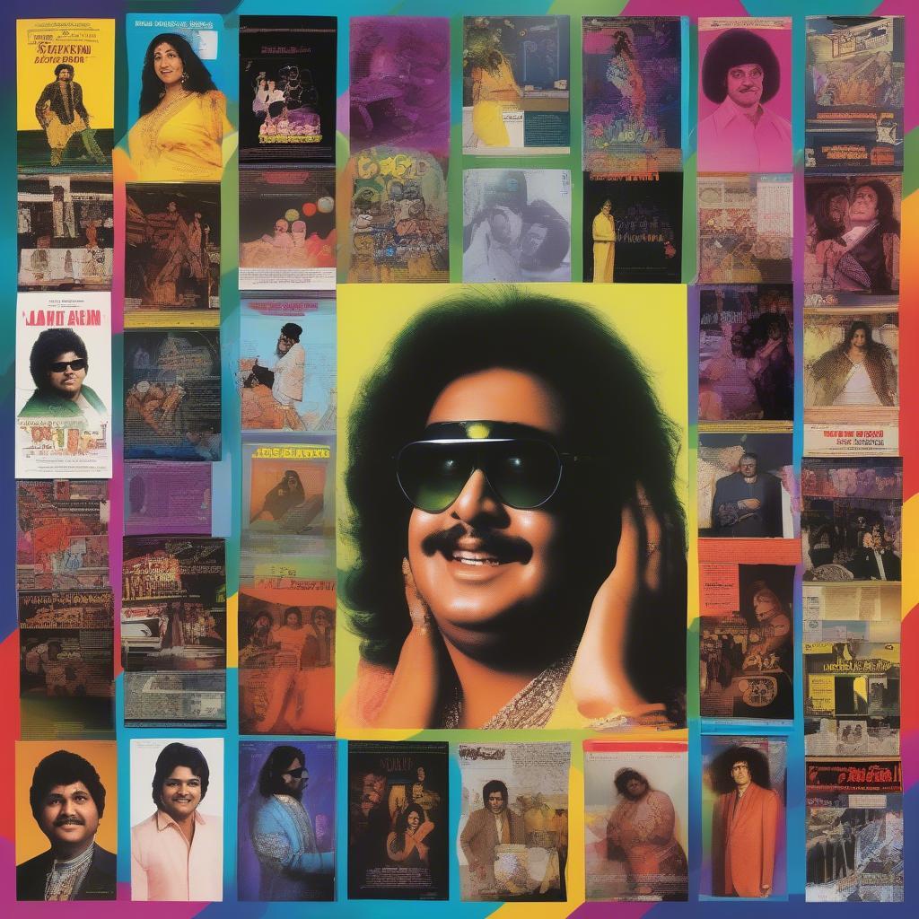 A collage of iconic Bappi Lahiri songs, showcasing album covers and scenes from movies featuring his music.