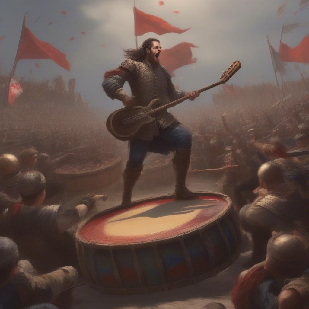 A bard inspiring troops before battle