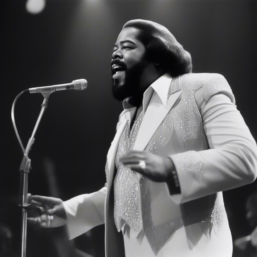 Barry White performing live on stage in 1974