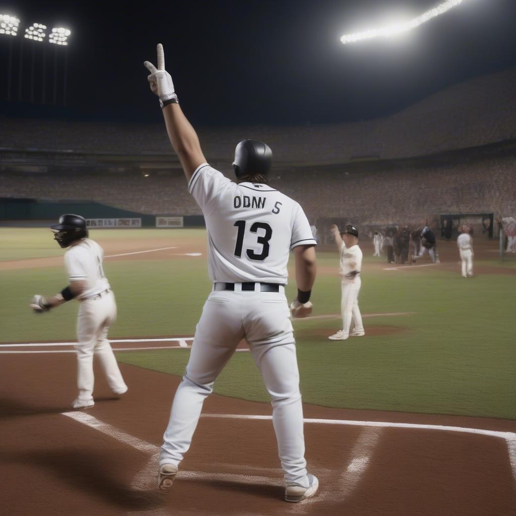 Batter pointing to the sky after hitting a home run