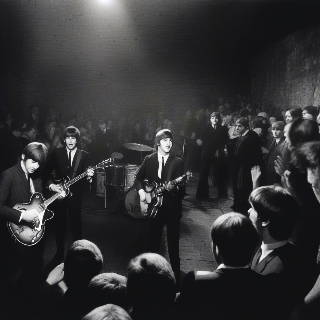 The Beatles performing live at the Cavern Club in their early years, showcasing their raw energy and musical connection.