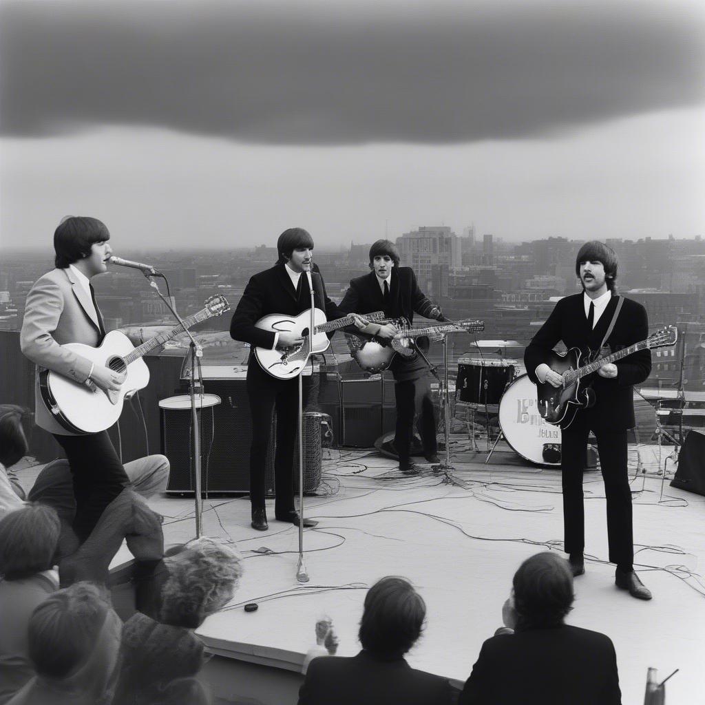 The Beatles performing their final concert on the rooftop of Apple Corps.