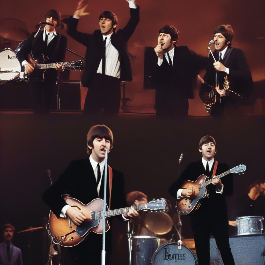 The Beatles performing live, showcasing their stage presence and connection with the audience.