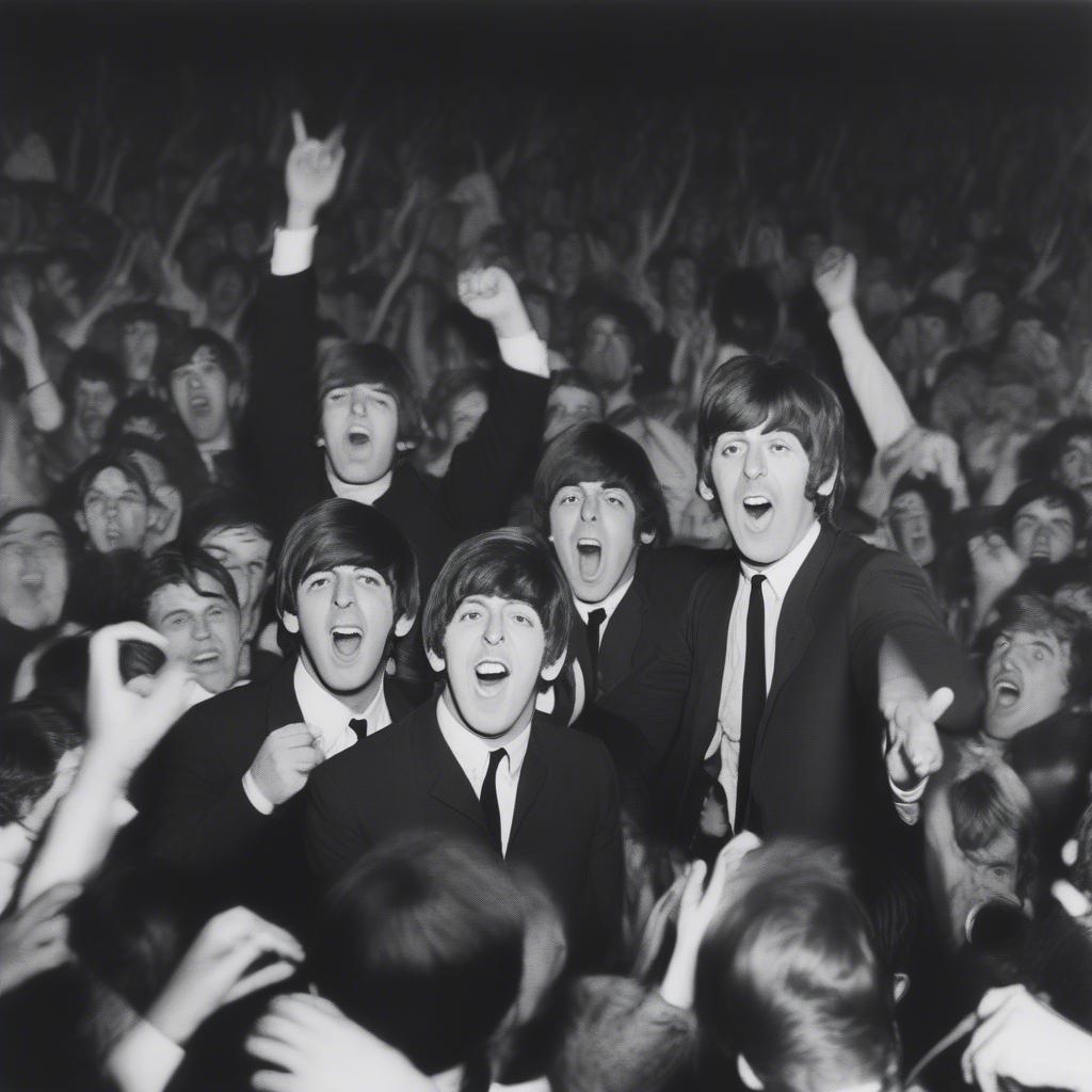 The Beatles performing live on stage during their early years.