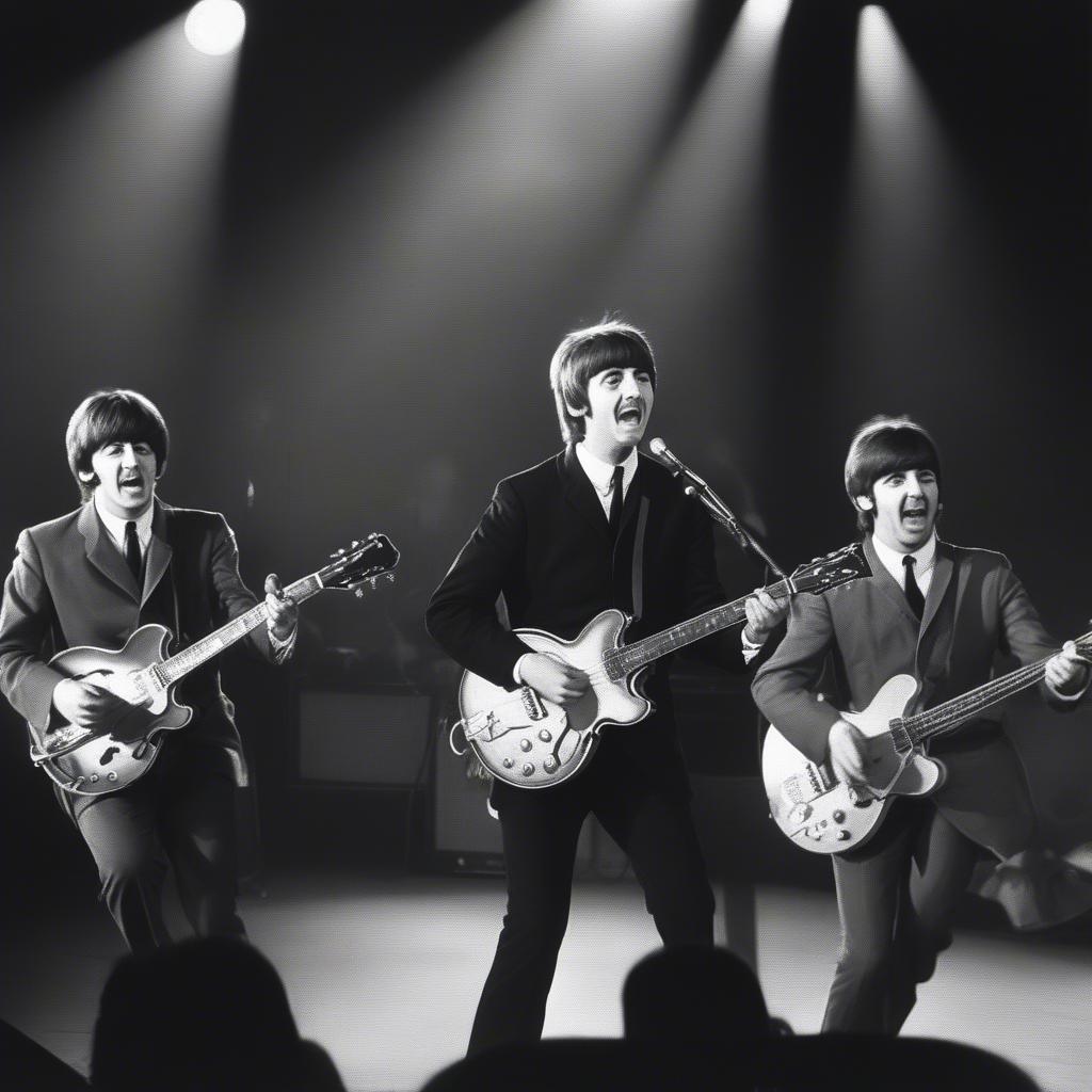 The Beatles performing live on stage, showcasing their energetic stage presence and connection with the audience.