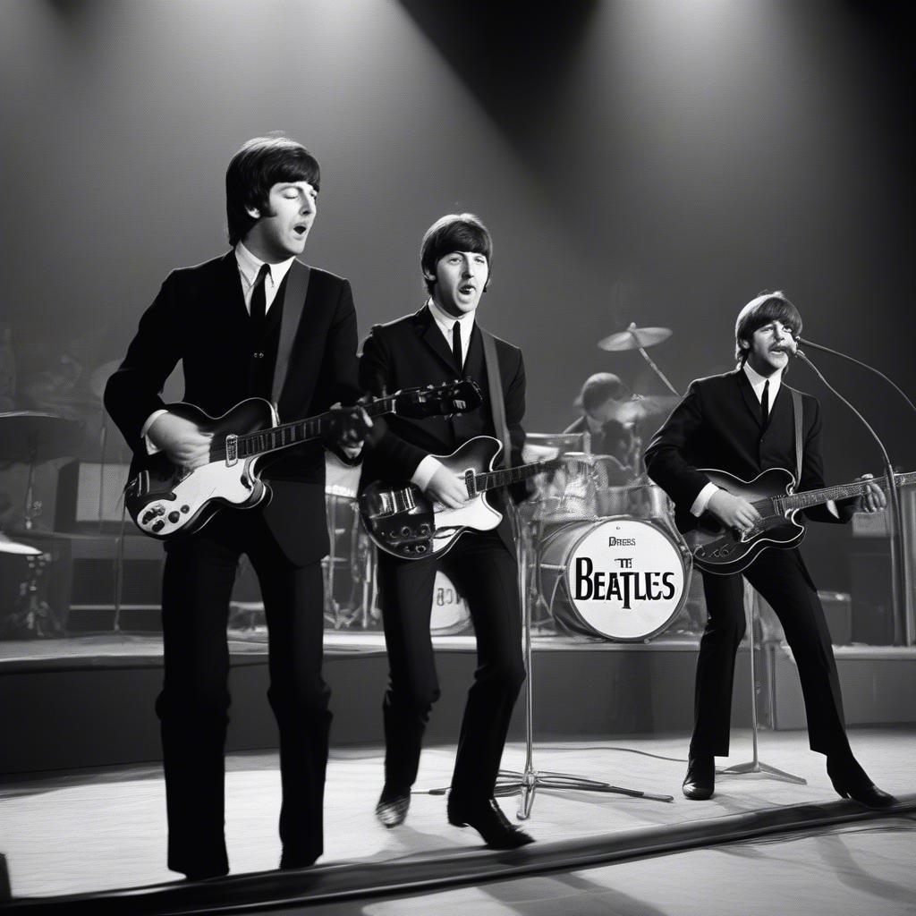 The Beatles performing live on stage, captivating their audience with their top hits.