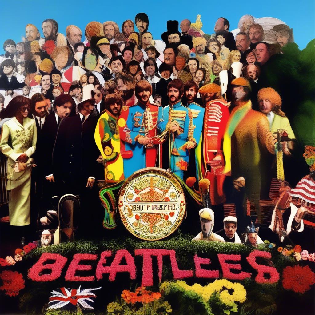 The iconic Sgt. Pepper's Lonely Hearts Club Band album cover, showcasing the band's creative peak and cultural impact.