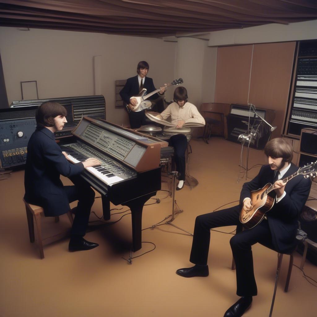 The Beatles recording in a studio