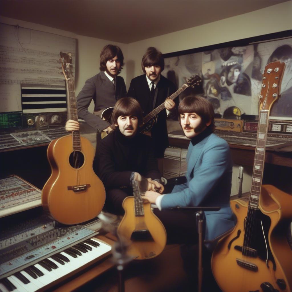 The Beatles in a recording studio, working on their classic tracks.