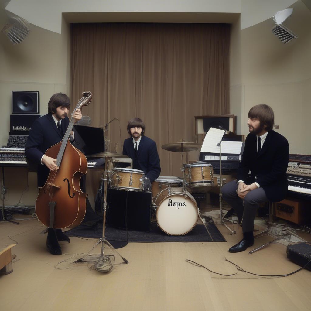 The Beatles in the recording studio, experimenting with new sounds and techniques.