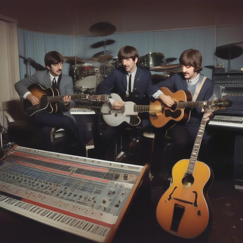 The Beatles in the recording studio, experimenting with new sounds and techniques.