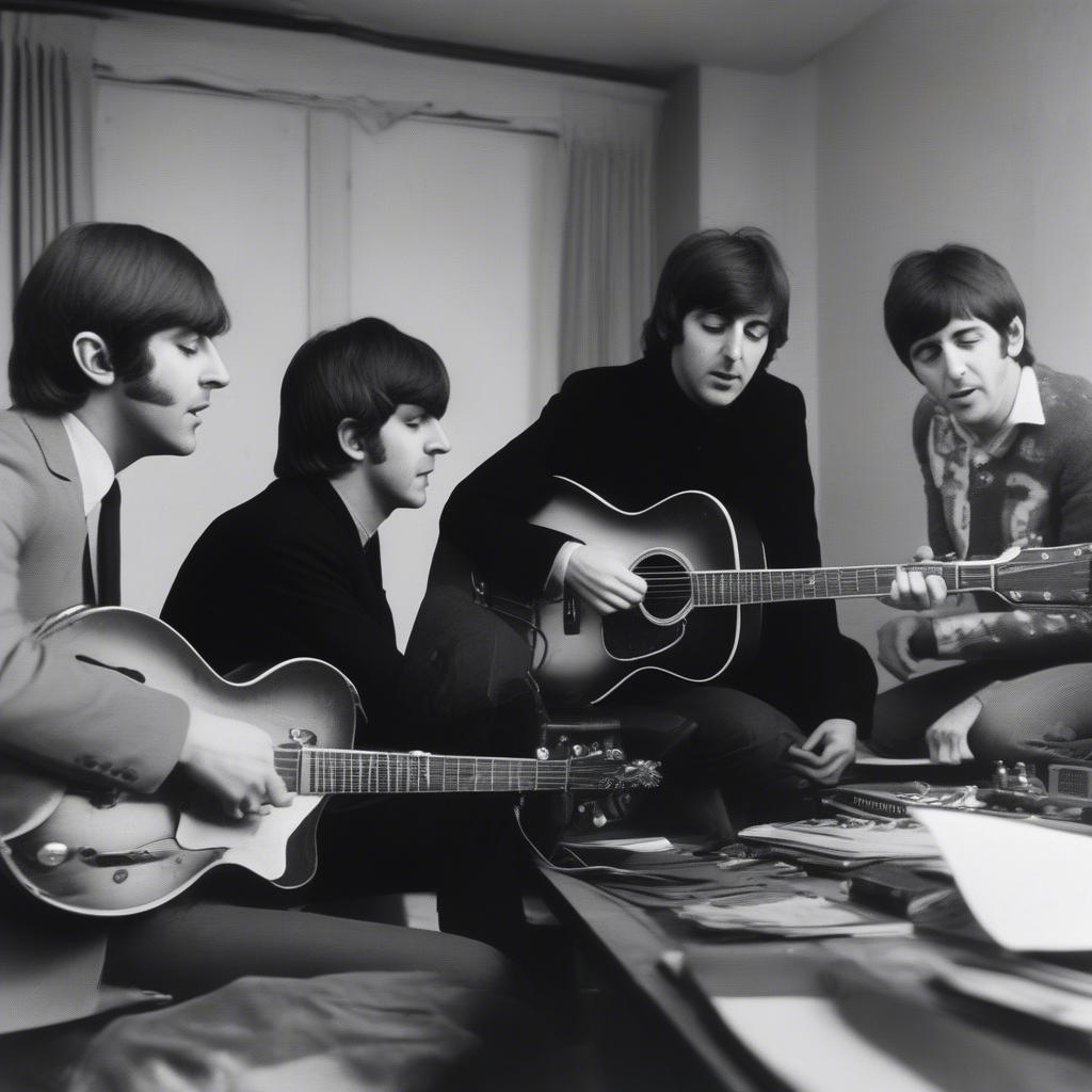 The Beatles collaborating on lyrics, demonstrating their songwriting process.