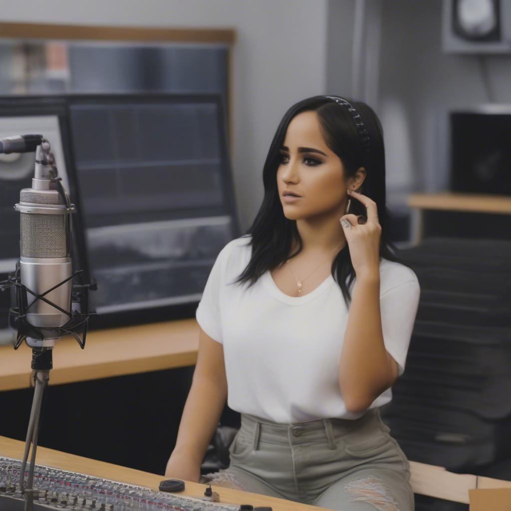 Becky G on the set of a music video, surrounded by dancers and crew