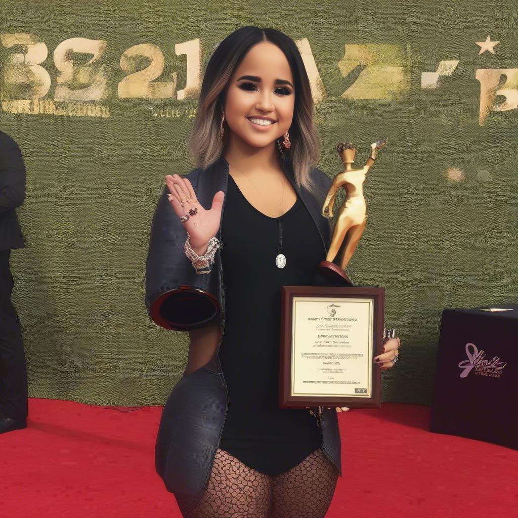 Becky G accepting a music award on stage, dressed elegantly