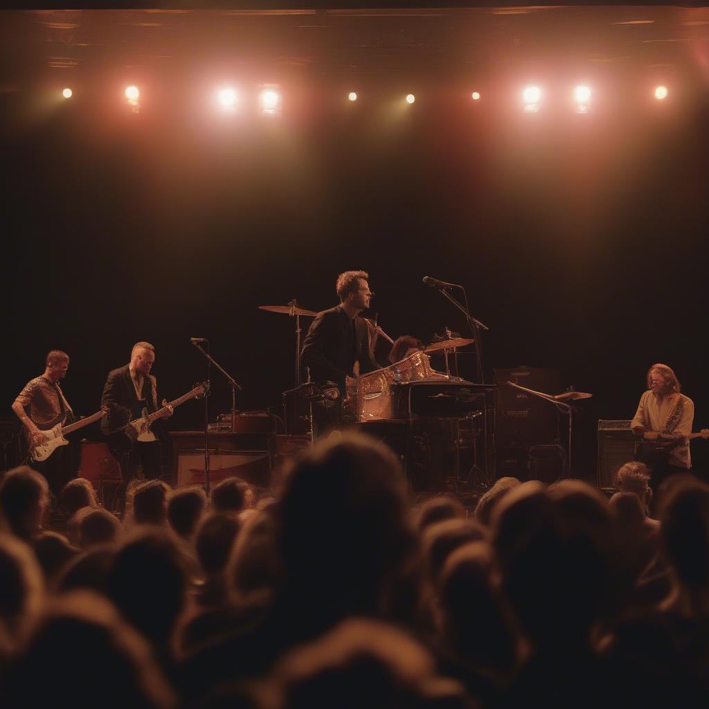 Belle and Sebastian performing live, engaging with their audience.