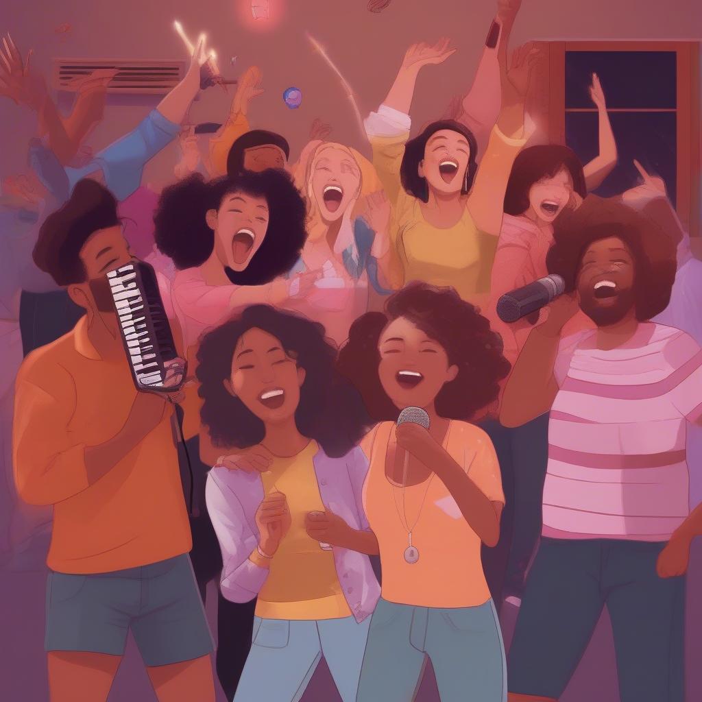 Friends singing karaoke together, enjoying popular 2022 hits. The image embodies the joy and camaraderie of a karaoke night.